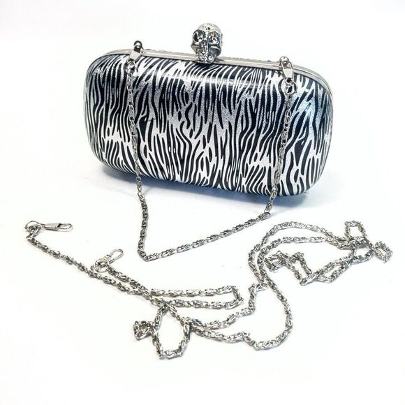 Kate Landry Silver Skull Zebra Hardshell Clutch Evening Bag - Picture 3 of 12